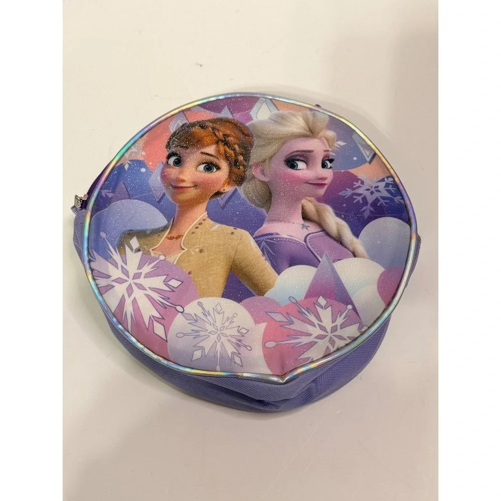 Disney Frozen Anna Elsa Round Insulated Lunch Bag Purple Glitter Snowflake 8in